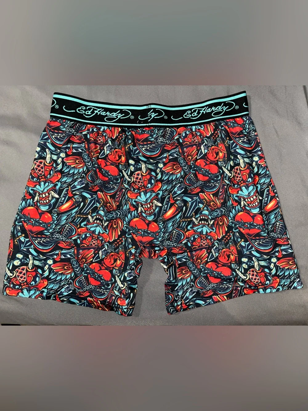 Ed Hardy Black Boxer Briefs with Red & Teal Graphic Print